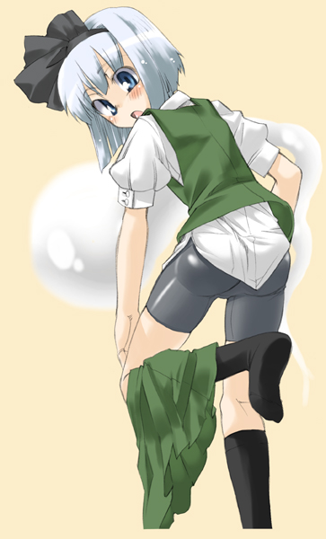 gengorou, konpaku youmu, konpaku youmu (ghost), touhou, silver hair, 1girl, ass, bike shorts, blue eyes, female focus, hitodama, latex, short hair, solo