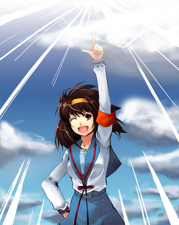 gin'ichi (akacia), ginichi, suzumiya haruhi, suzumiya haruhi no yuuutsu, 00s, 1girl, armband, brown hair, cloud, day, female focus, pointing, school uniform, serafuku, short hair, sky, solo