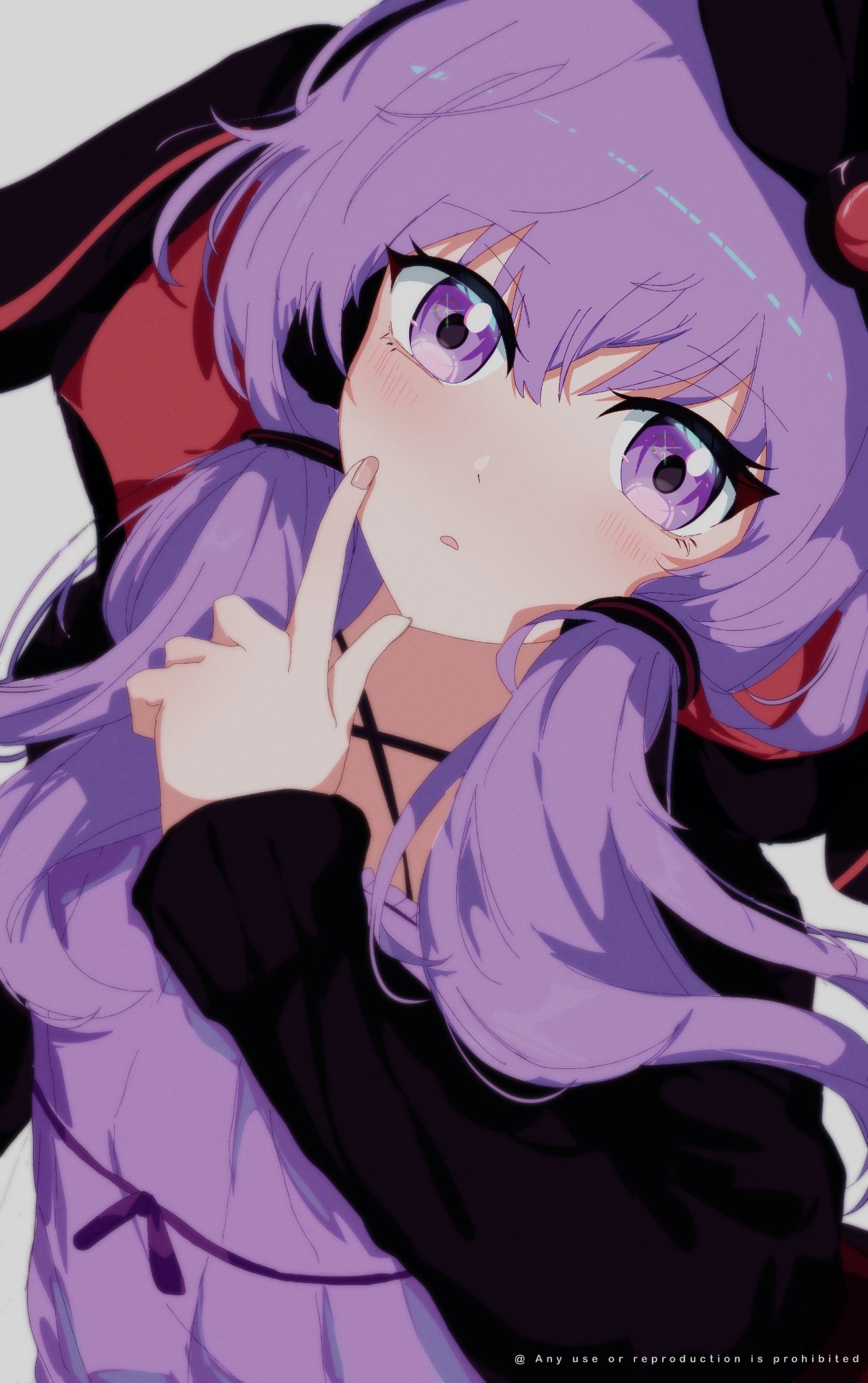 dearest981340, yuzuki yukari, vocaloid, voiceroid, hashtag-only commentary, highres, 1girl, hand up, long hair, long sleeves, looking at viewer, parted lips, purple eyes, purple hair, solo, upper body