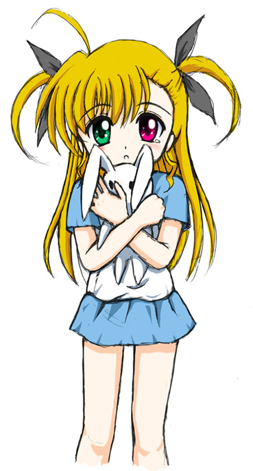 flipper, vivio, lyrical nanoha, mahou shoujo lyrical nanoha, mahou shoujo lyrical nanoha strikers, 00s, 1girl, doll, female focus, heterochromia, simple background, solo, stuffed animal, stuffed rabbit, stuffed toy, white background