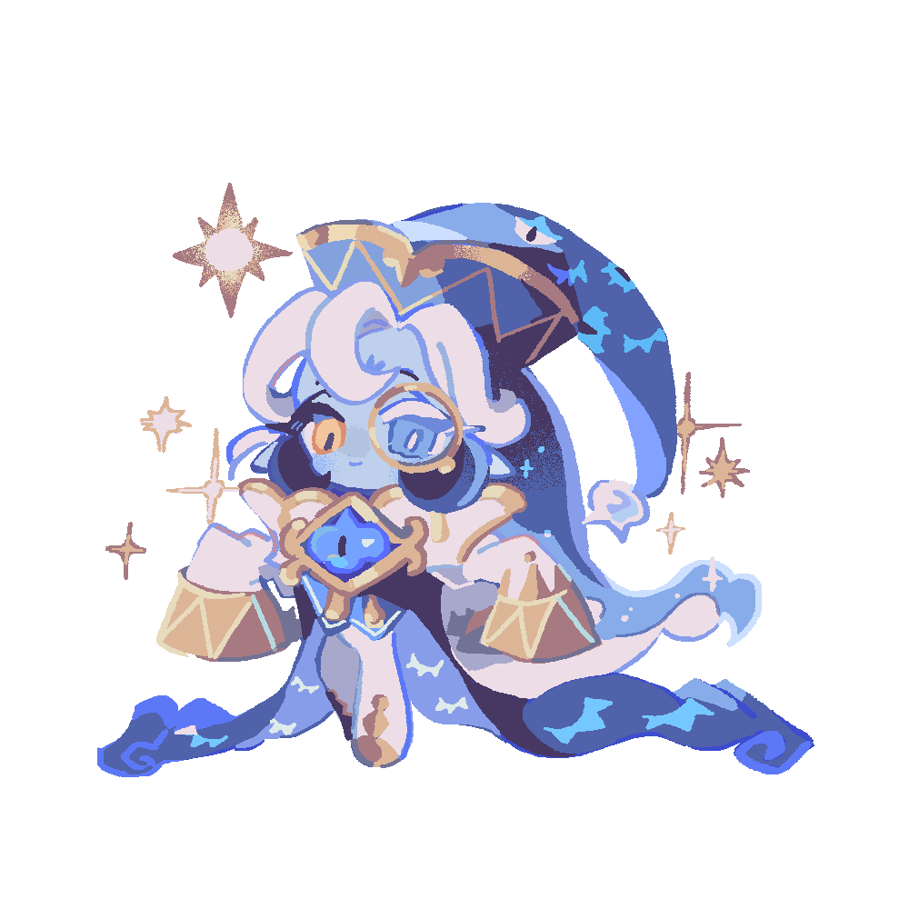 reed, shadow milk cookie, shadow milk cookie (sage of truth), cookie run, cookie run: kingdom, commentary, symbol-only commentary, 1boy, androgynous, black cloak, black hair, blue brooch, blue cloak, blue eyes, blue hair, blue hat, blue skin, bright pupils, chibi, chibi only, cloak, closed mouth, colored eyelashes, colored skin, full body, gold shoes, gold trim, gradient hair, hair between eyes, hat, heterochromia, long hair, long sleeves, looking at viewer, male focus, mismatched eyelashes, mismatched pupils, monocle, multicolored hair, official alternate costume, official alternate hairstyle, pants, shoes, simple background, sleeves past fingers, sleeves past wrists, smile, solo, sparkle, standing, star (symbol), two-sided cloak, two-sided fabric, white background, white hair, white pants, white pupils, wizard hat, yellow eyes