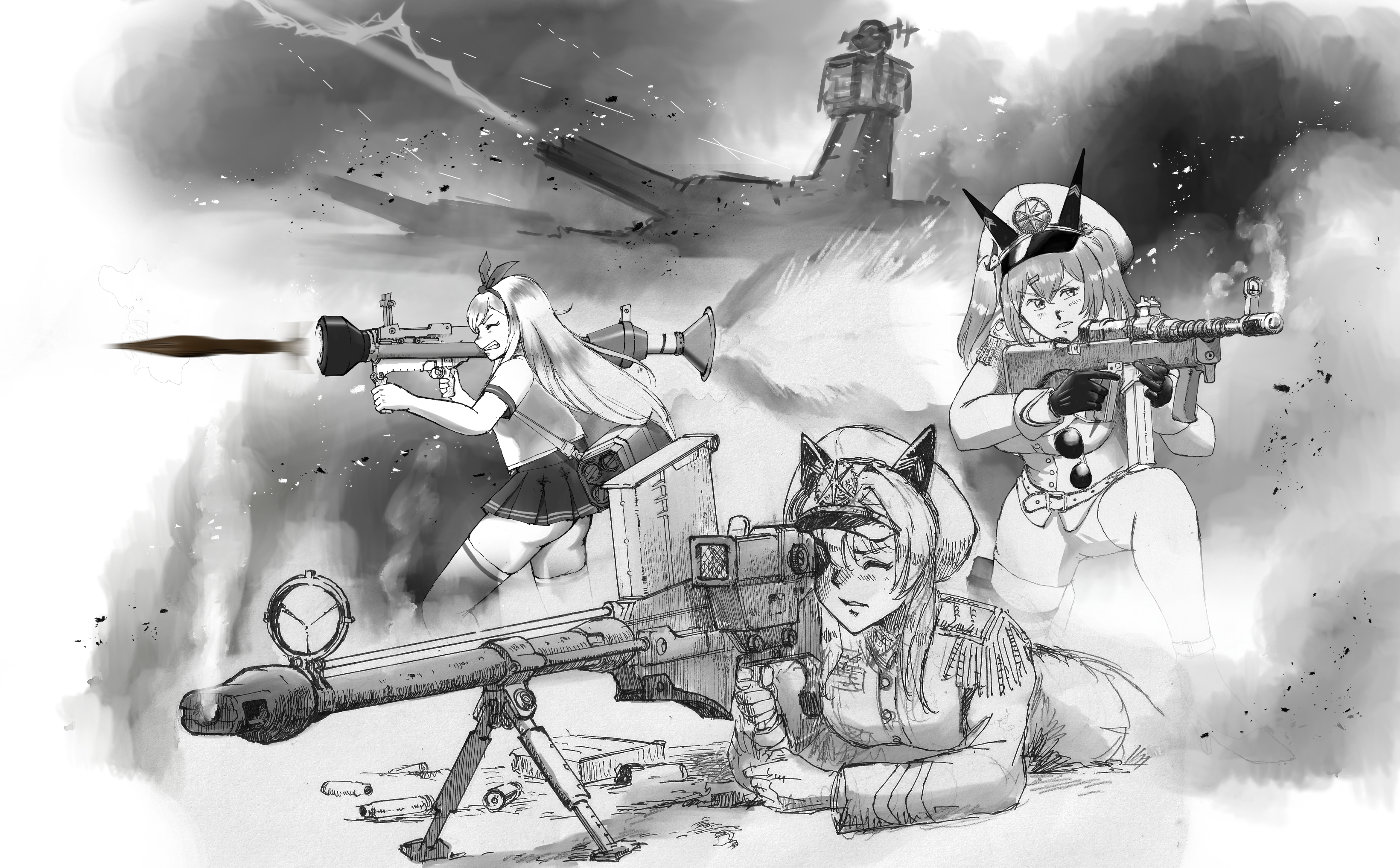 ogirin3948, anchor (nikke), helm (nikke), mast (nikke), goddess of victory: nikke, absurdres, commentary, commentary request, english commentary, highres, mixed-language commentary, 3girls, admire (nikke), aegis (nikke), anti-materiel rifle, belt, boys anti tank rifle, breasts, greyscale, gun, hat, holding, holding rocket launcher, holding weapon, large breasts, long hair, lying, military vehicle, miniskirt, monochrome, multiple girls, on stomach, one eye closed, open mouth, outdoors, parted lips, pleated skirt, rifle, rocket launcher, shell casing, ship, ship turret, short sleeves, skirt, smoke, sniper rifle, sunglasses, teeth, warship, watercraft, weapon