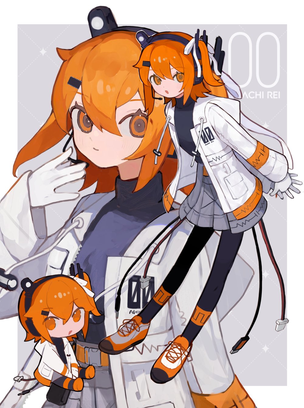 s1ho (ukiy0u0), adachi rei, a.i. voice, utau, highres, 1girl, arms behind back, black pantyhose, black shirt, cable, chibi, chibi inset, gloves, grey skirt, hand up, headset, jacket, long sleeves, looking at viewer, miniskirt, multiple views, open clothes, open jacket, orange eyes, orange hair, own hands together, pantyhose, pleated skirt, shirt, shoes, skirt, sneakers, white gloves, white jacket