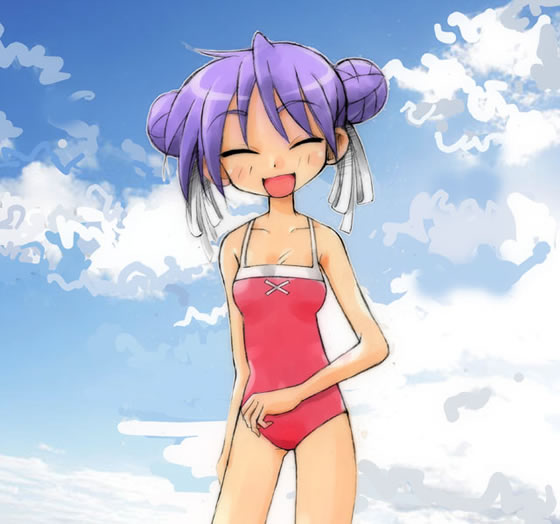 gofu, hiiragi kagami, lucky star, traditional media, 00s, 1girl, ^ ^, alternate hairstyle, closed eyes, cloud, collarbone, cowboy shot, day, double bun, female focus, hair bun, hair ribbon, one-piece swimsuit, purple hair, ribbon, sky, smile, solo, swimsuit