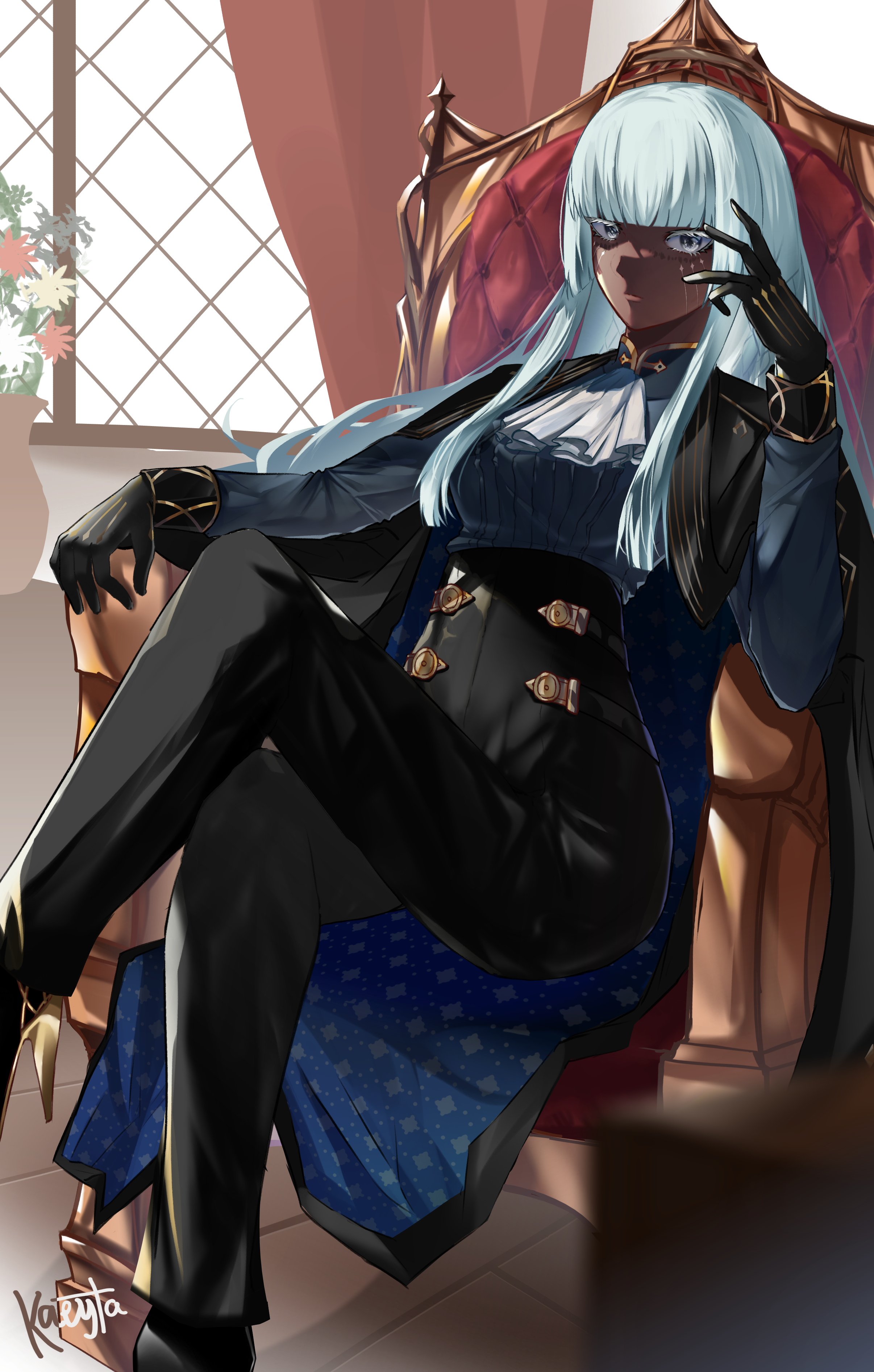 kirigayawin, brigitta (metaphor: refantazio), metaphor: refantazio, absurdres, commentary, english commentary, highres, 1girl, ascot, black gloves, black jacket, black pants, blunt bangs, crossed legs, dark-skinned female, dark skin, facial mark, gloves, grey eyes, hime cut, indoors, jacket, jacket on shoulders, lips, long hair, looking at viewer, pants, signature, sitting, solo, throne, white ascot, white hair, window
