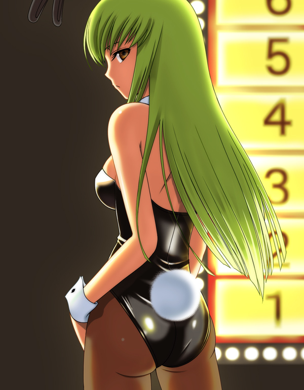 40010prototype, c.c., code geass, 00s, 1girl, animal ears, ass, breasts, brown eyes, cuffs, fake animal ears, female focus, gluteal fold, green hair, leotard, long hair, looking at viewer, looking back, medium breasts, pantyhose, playboy bunny, rabbit ears, sidelocks, solo, straight hair