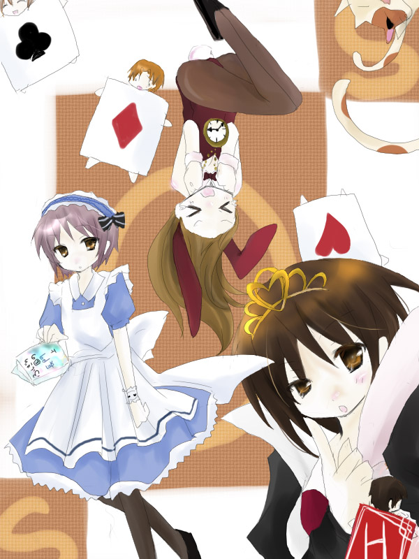 asahina mikuru, koizumi itsuki, kyon, nagato yuki, shamisen (suzumiya haruhi), suzumiya haruhi, kyoto animation, suzumiya haruhi no yuuutsu, artist request, tagme, 3girls, instrument, multiple girls