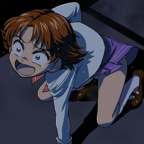 haruyama kazunori, character request, lowres, tagme, 1girl, kneehighs, mary janes, open mouth, panties, panty peek, red eyes, red hair, school uniform, shoes, short hair, skirt, socks, tears, underwear, wide-eyed