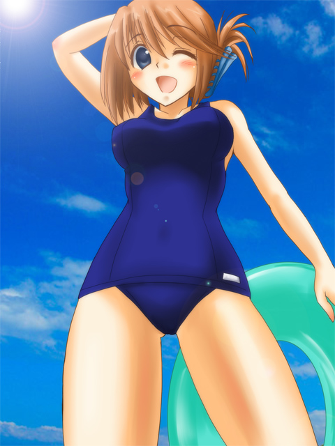 x-4kazu, komaki manaka, to heart (series), to heart 2, 00s, blue eyes, brown hair, hair ornament, hairclip, one-piece swimsuit, swimsuit