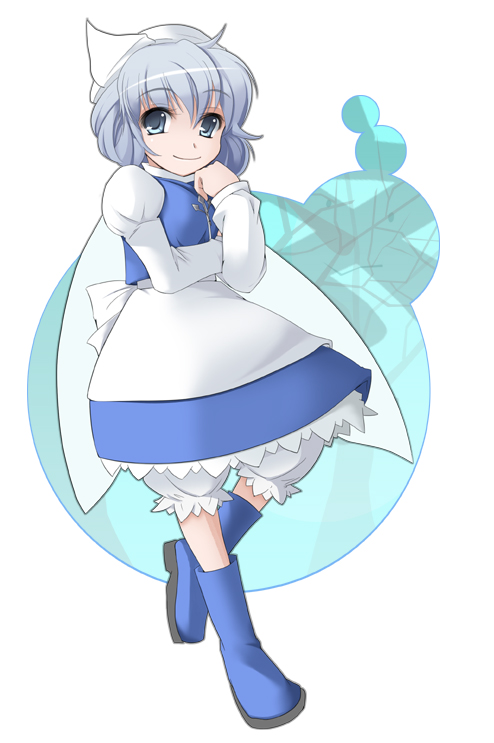 wapokichi, letty whiterock, touhou, silver hair, 1girl, blue eyes, boots, closed mouth, dress, female focus, full body, long sleeves, looking at viewer, rubber boots, short hair, simple background, smile, solo, walking, white background, white dress