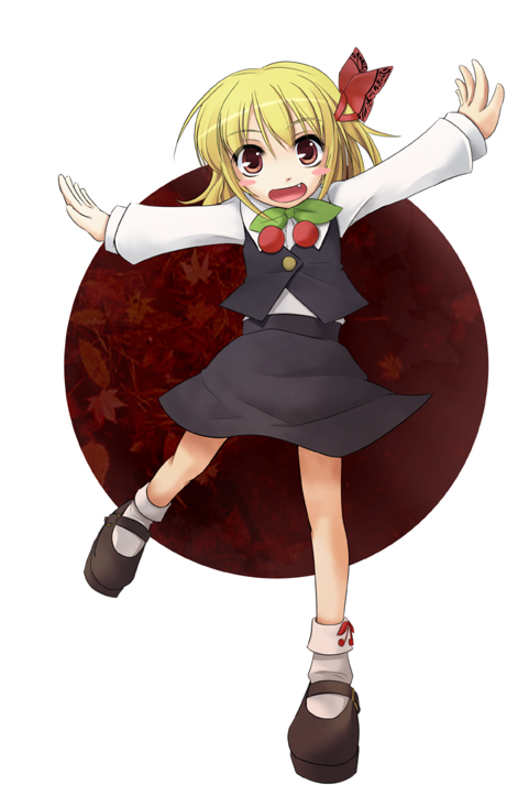 wapokichi, rumia, embodiment of scarlet devil, touhou, 1girl, blonde hair, fang, female focus, hair ribbon, outstretched arms, red eyes, ribbon, short hair, solo, spread arms