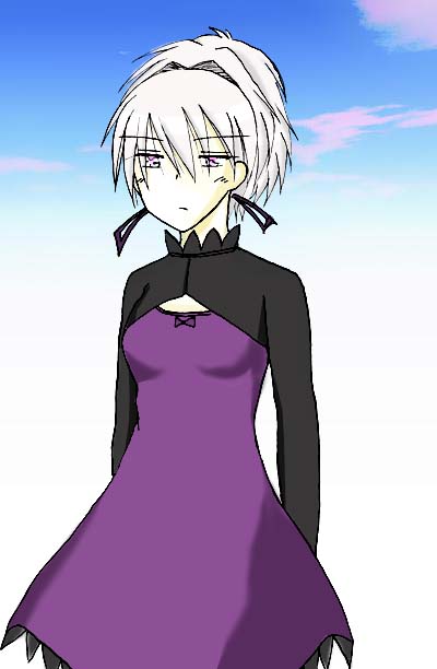 yin (darker than black), darker than black, 00s, 1girl, blue sky, cloud, dress, female focus, grey hair, hair ribbon, long sleeves, ponytail, purple dress, purple eyes, ribbon, sky, solo, standing