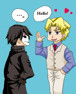 hei (darker than black), november 11 (darker than black), darker than black, red neckwear, lowres, …, 00s, 2boys, black gloves, black hair, black jacket, blue background, blue shirt, gloves, hand in pocket, hands on own hips, heart, jacket, male focus, mask, multiple boys, necktie, pants, shirt, vest, waistcoat, waving, white pants, white vest
