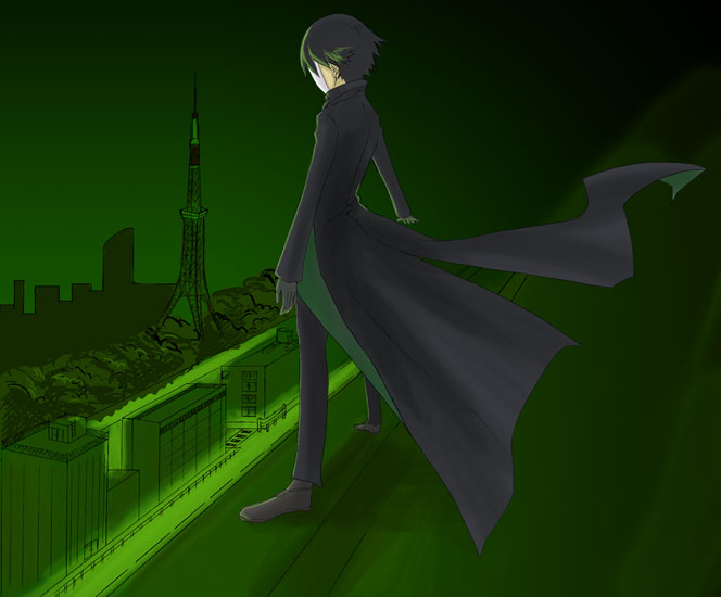 hei (darker than black), darker than black, 00s, 1boy, black gloves, black hair, black jacket, black pants, building, city, cityscape, eiffel tower, full body, gloves, green theme, jacket, male focus, mask, pants, paris, solo, standing, wind