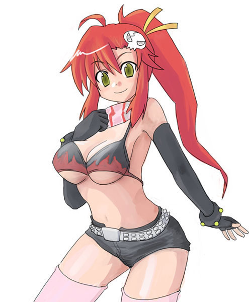 hottan!, yoko littner, tengen toppa gurren lagann, tagme, 00s, 1girl, breasts, female focus, navel, simple background, solo, standing, thighhighs, white background