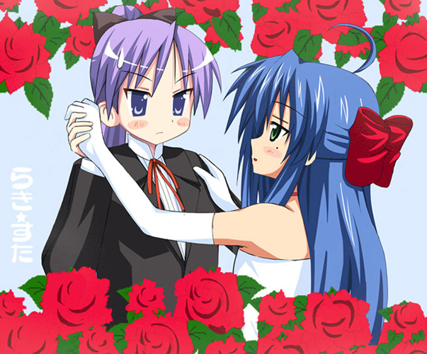 kiriya haruhito, hiiragi kagami, izumi konata, lucky star, 00s, 2girls, ahoge, alternate hairstyle, bare shoulders, bride, dress, elbow gloves, formal clothes, gloves, hair ribbon, mole, mole under eye, multiple girls, pant suit, pants, ponytail, ribbon, suit, sweatdrop, wedding dress, wife and wife, yuri