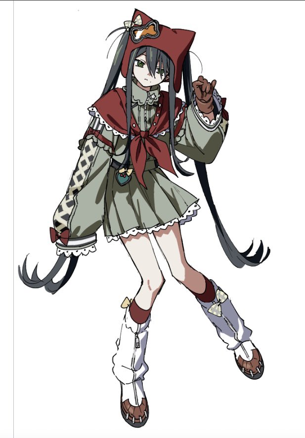 ningiyau, original, 1girl, animal hat, black hair, bow, bowtie, brown gloves, dress, frilled dress, frills, gloves, green dress, green eyes, hair between eyes, hat, magical girl, mole, mole under mouth, sleeves past fingers, sleeves past wrists, twintails
