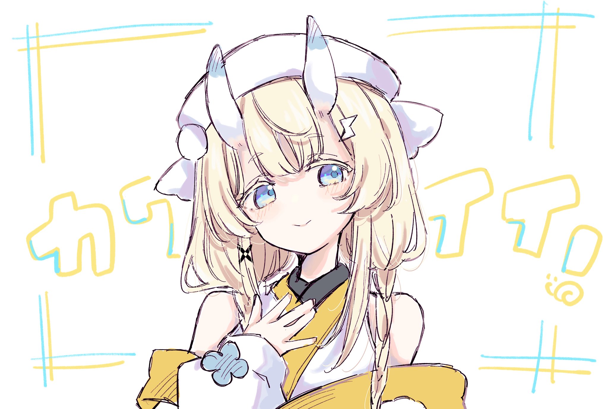 kadou mikaru, nijisanji, highres, 1girl, :>, bare shoulders, blonde hair, blue eyes, blue horns, blush, braid, hair ornament, hair over shoulder, hand on own chest, hat, horns, japanese clothes, kimono, lightning bolt, lightning bolt hair ornament, lightning bolt symbol, long sleeves, low twin braids, multicolored horns, okura 0915, pom pom (clothes), pom pom hair ornament, portrait, puffy long sleeves, puffy sleeves, sidelocks, simple background, solo, twin braids, two-tone horns, virtual youtuber, white background, white hat, white horns, white kimono, x hair ornament
