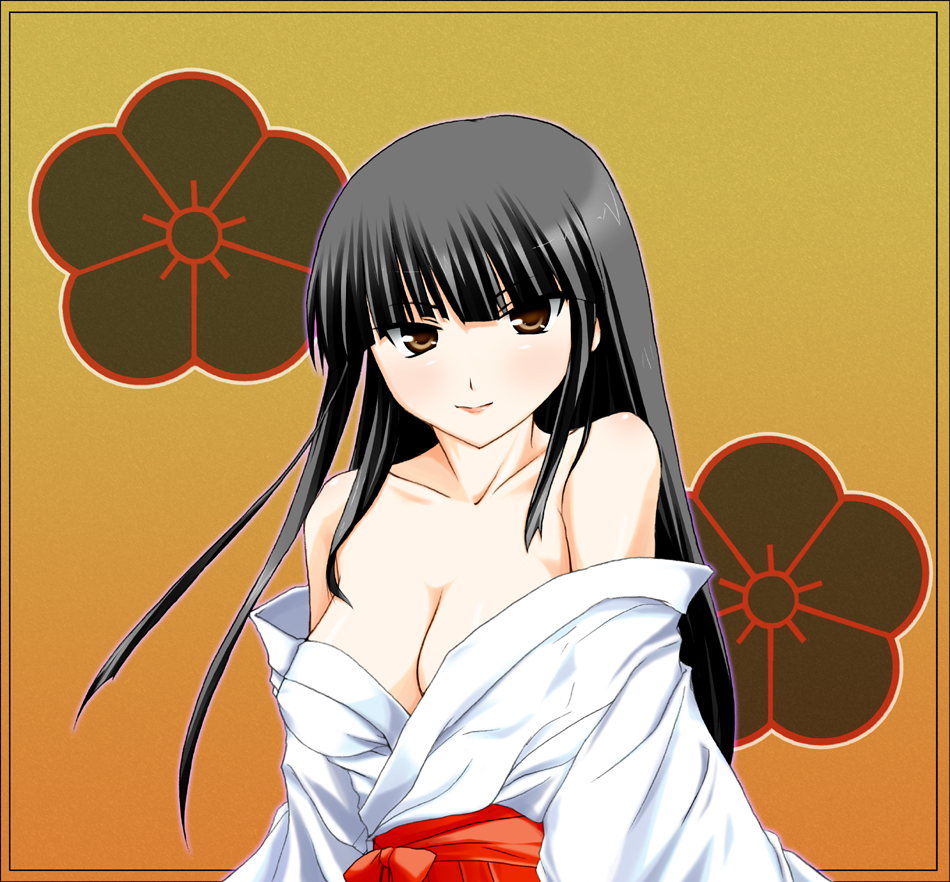 yoshino gaya, tagme, 1girl, black hair, breasts, cleavage, female focus, gradient background, japanese clothes, miko, solo