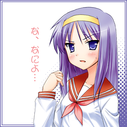 yoshino gaya, hiiragi kagami, tohno akiha, lucky star, tsukihime, lowres, translation request, blue eyes, hairband, parody, school uniform, serafuku, solo
