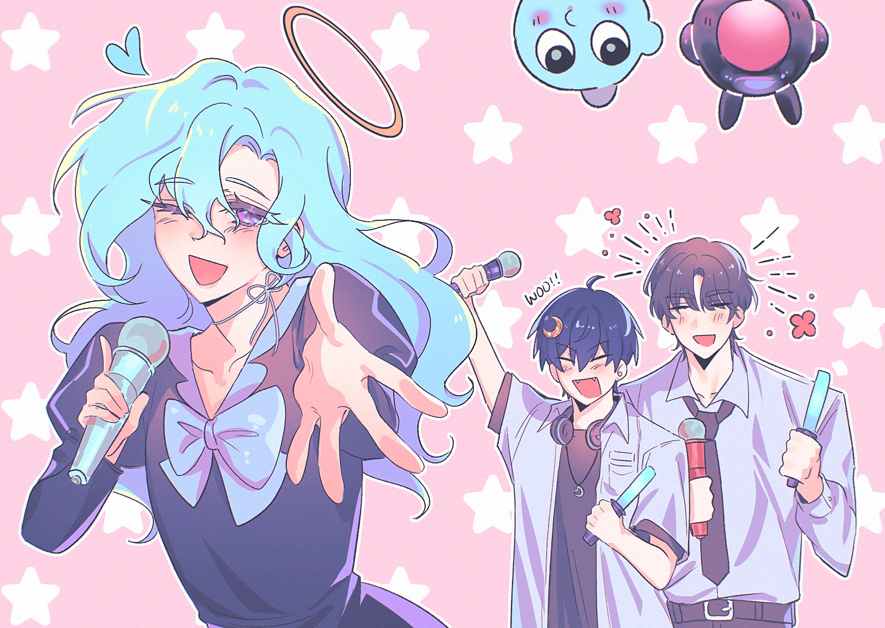 man n nam, indie utaite, commentary, highres, akugetsu, arm up, black dress, black hair, black necktie, black shirt, blue hair, bow, c!nah, choker, collared shirt, dress, glowstick, halo, helmet, holding, holding glowstick, holding microphone, long hair, microphone, necktie, one eye closed, outstretched arm, park byeong hoon, purple eyes, qmeng (character), shirt, short hair, space helmet, star (symbol), utaite, very short hair, vivi (vivinos), white bow, white shirt