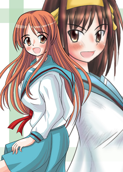 asahina mikuru, suzumiya haruhi, kyoto animation, suzumiya haruhi no yuuutsu, artist request, tagme, 00s, 2girls, multiple girls, school uniform, serafuku