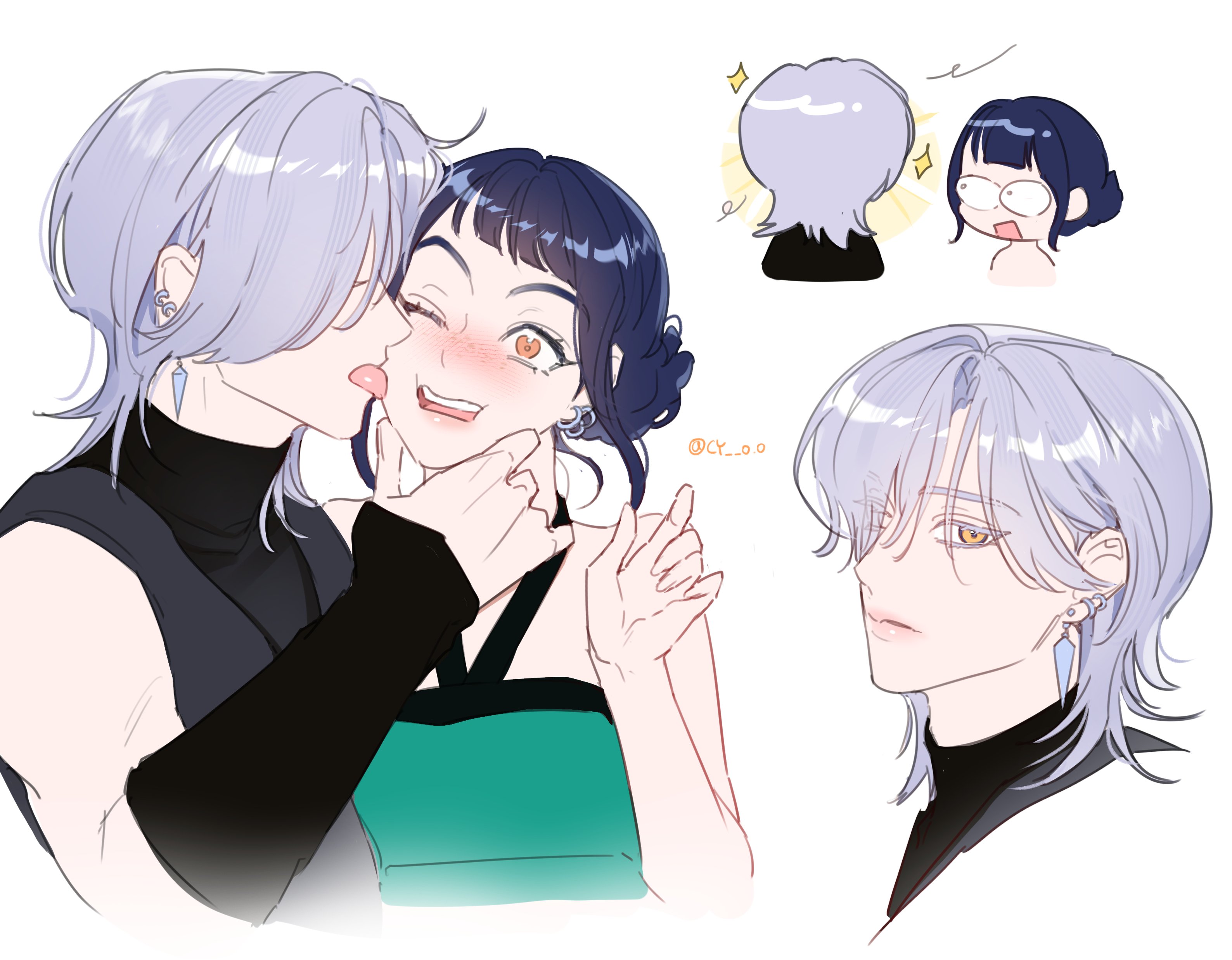 mystery (kpop demon hunter), zoey (kpop demon hunters), kpop demon hunters, absurdres, commentary, hashtag-only commentary, highres, symbol-only commentary, 1boy, 1girl, blunt bangs, closed mouth, cy o o, double bun, earrings, freckles, hair bun, halterneck, jewelry, licking, licking another's cheek, licking another's face, looking at viewer, multiple views, orange eyes, purple hair, short hair, sidelocks, simple background, sparkle, turtleneck, twitter username, white background
