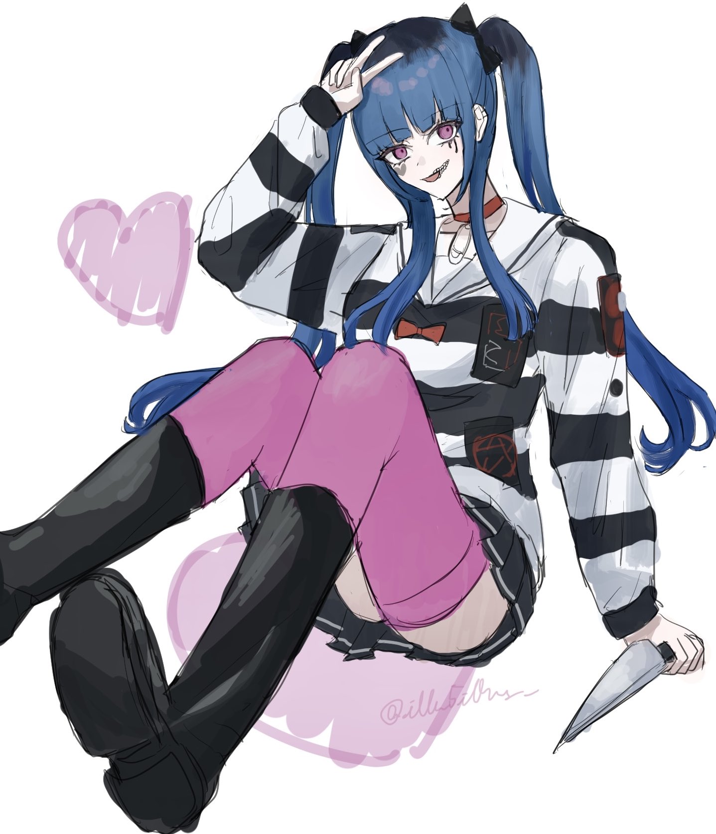 amemiya darumi, the hundred line -last defense academy-, 1girl, black boots, black bow, black hair, black skirt, blue hair, boots, bow, collar, ear piercing, hand up, heart, holding, holding knife, knife, long sleeves, looking at viewer, multicolored hair, open mouth, peace symbol, piercing, pink thighhighs, pleated skirt, red bow, red collar, safety pin, shirt, sitting, skirt, striped clothes, striped shirt, thighhighs, twintails, white background