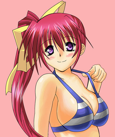 takase mizuki, comic party, lowres, 00s, bikini, bikini top only, ponytail, striped bikini, striped clothes, swimsuit