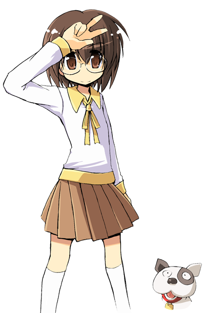 densuke (dennou coil), okonogi yuuko, dennou coil, 00s, 1girl, brown eyes, brown hair, brown skirt, female focus, long sleeves, looking at viewer, pleated skirt, sailor collar, school uniform, serafuku, short hair, simple background, skirt, solo, v, white background