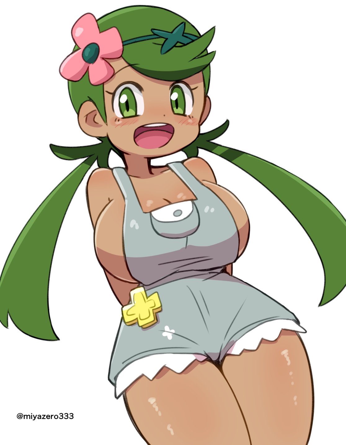miyazero, mallow (pokemon), pokemon, pokemon sm, breasts, dark-skinned female, dark skin, flower, green eyes, green hair, green headband, grey overalls, hair flower, hair ornament, headband, large breasts, overall shorts, overalls, swept bangs, twintails