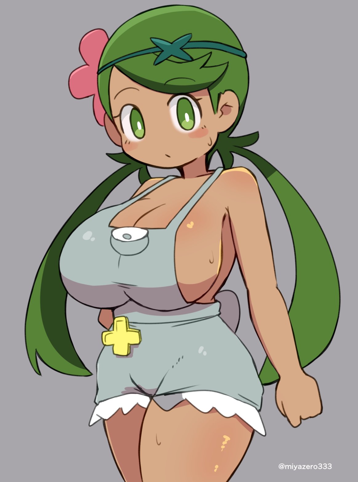 miyazero, mallow (pokemon), pokemon, pokemon (anime), pokemon sm (anime), breasts, dark-skinned female, dark skin, flower, green eyes, green hair, green headband, grey overalls, hair flower, hair ornament, headband, large breasts, overall shorts, overalls, swept bangs, twintails