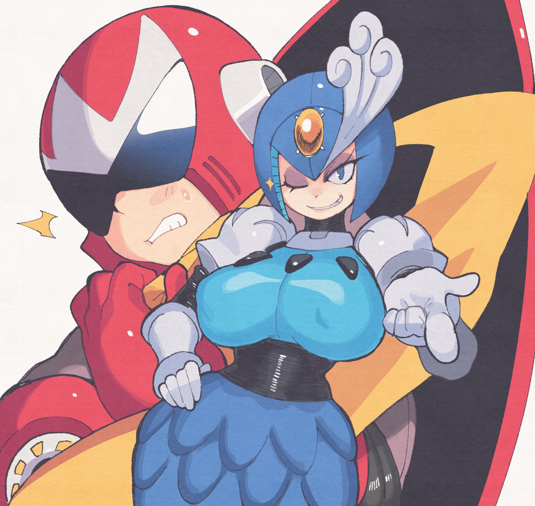 inkerton-kun, proto man, splash woman, mega man (classic), mega man (series), mega man 9, highres, 1boy, 1girl, android, blue eyes, breasts, grin, hand on own hip, large breasts, looking at viewer, one eye closed, parted lips, pointing, pointing at viewer, scarf, sharp teeth, shield, shield on back, smile, sweatdrop, teeth, yellow scarf