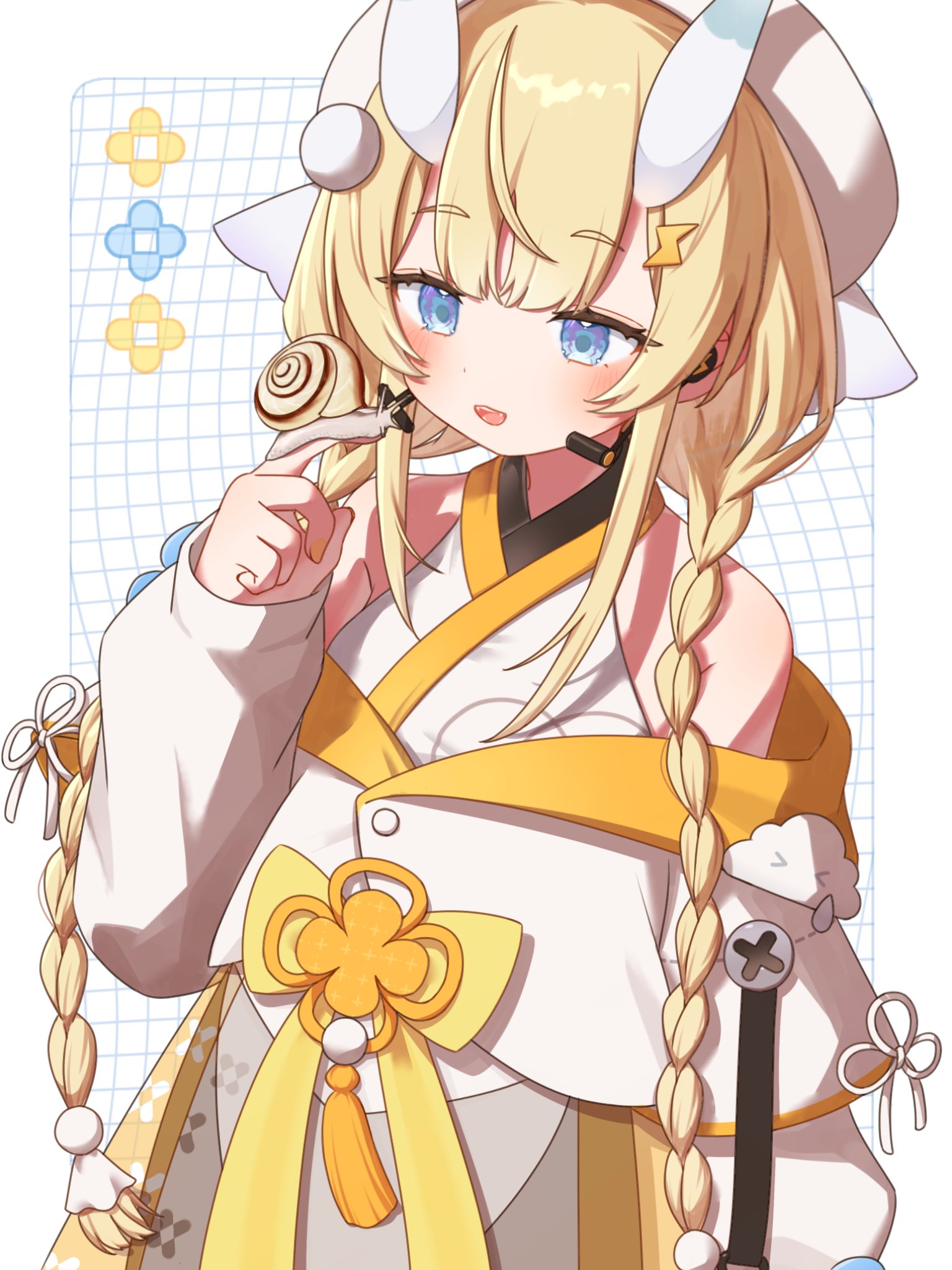kadou mikaru, nijisanji, highres, 1girl, bare shoulders, blonde hair, blue eyes, blue horns, blush, border, braid, coat, coat partially removed, cowboy shot, fangs, flower knot, grid background, hair ornament, hair over shoulder, hat, headset, horns, japanese clothes, kimono, layered sleeves, lightning bolt, lightning bolt hair ornament, lightning bolt symbol, long hair, long sleeves, looking at animal, low twin braids, multicolored horns, outside border, parted lips, pom pom (clothes), pom pom hair ornament, puffy long sleeves, puffy sleeves, qnicn, ribbon, see-through clothes, short over long sleeves, short sleeves, sidelocks, snail, solo, standing, teruterubouzu, twin braids, two-tone horns, very long hair, virtual youtuber, white background, white border, white coat, white hat, white horns, white kimono, x hair ornament, yellow ribbon, yellow trim