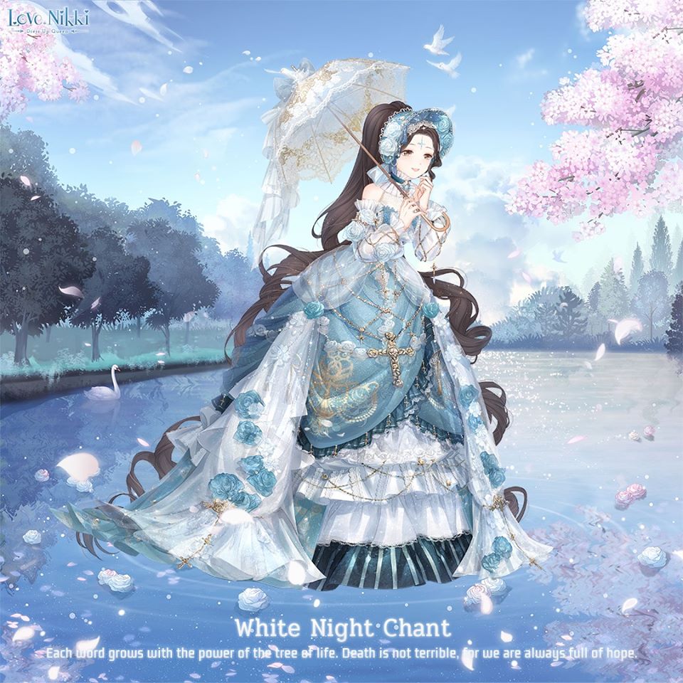 miracle nikki, nikki (series), artist request, official art, 1girl, absurdly long hair, bird, blue bonnet, blue choker, blue dress, blue flower, blue rose, blue sky, bonnet, brown eyes, brown hair, character name, cherry blossoms, choker, closed mouth, cloud, copyright name, cross, cross tattoo, day, dove, dress, english text, facial mark, facial tattoo, floral print, flower, forehead mark, frilled choker, frilled dress, frilled sleeves, frills, full body, gown, hair through headwear, happy, holding, holding umbrella, juliet sleeves, lace-trimmed headwear, lace trim, lake, light particles, logo, long hair, long sleeves, looking ahead, off-shoulder dress, off shoulder, outdoors, parasol, petals, ponytail, puffy sleeves, reflection, reflective water, ripples, rose, see-through clothes, see-through sleeves, sky, smile, solo, spring (season), standing, standing on liquid, swan, tattoo, tree, umbrella, umbrella over shoulder, very long hair, victorian, wavy hair, white flower, white night chant (miracle nikki), white rose, white sleeves, white umbrella