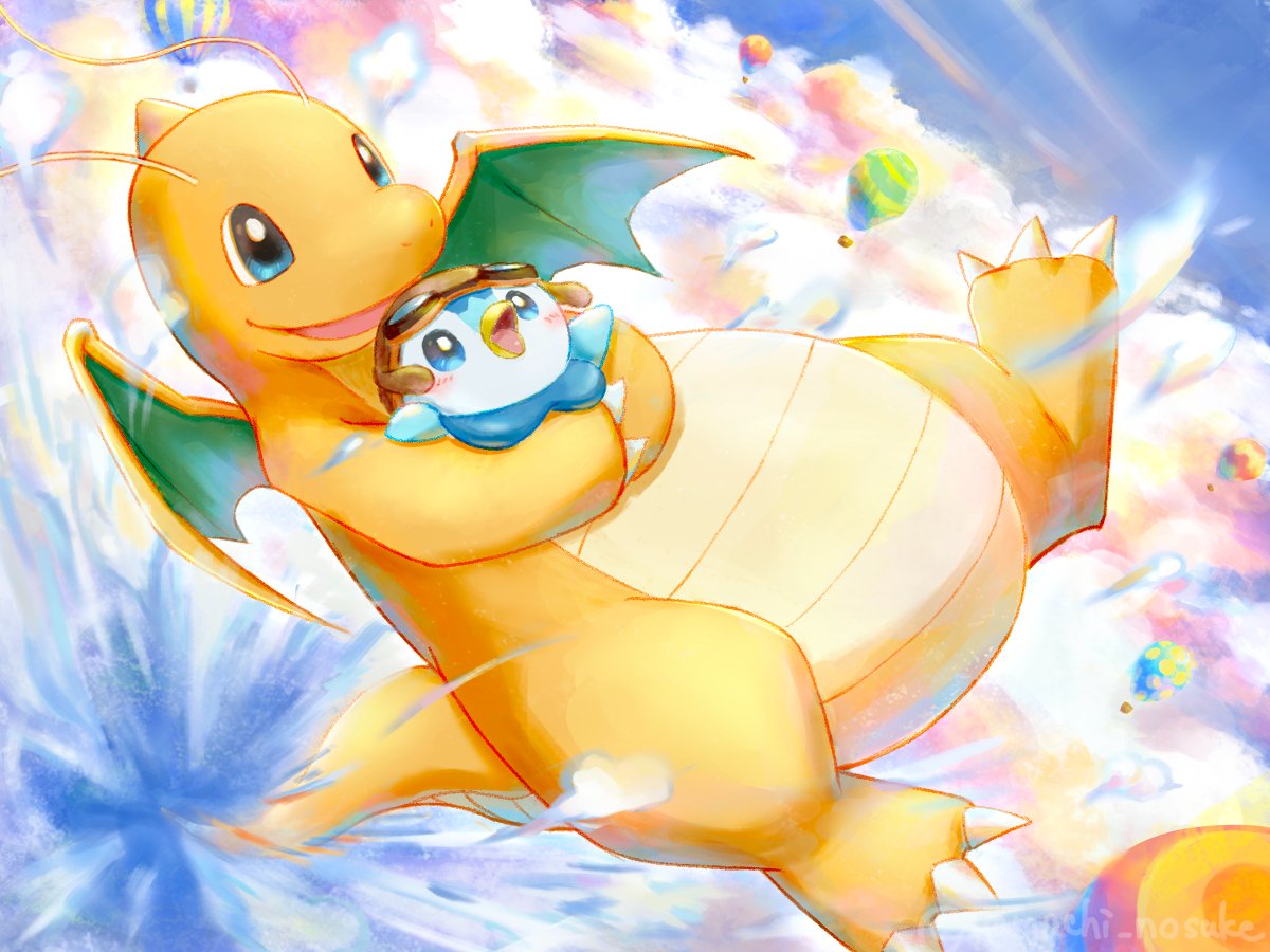yamachi nosuke, dragonite, piplup, nintendo, pokemon, aircraft, aviator cap, aviator goggles, blush, claws, cloud, colored skin, dragon, dragon wings, flying, full body, gen 1 pokemon, gen 4 pokemon, goggles, goggles on headwear, hat, holding, horns, hot air balloon, no humans, open mouth, orange skin, outdoors, pokemon (creature), pokemon focus, single horn, sky, smile, tail, wings