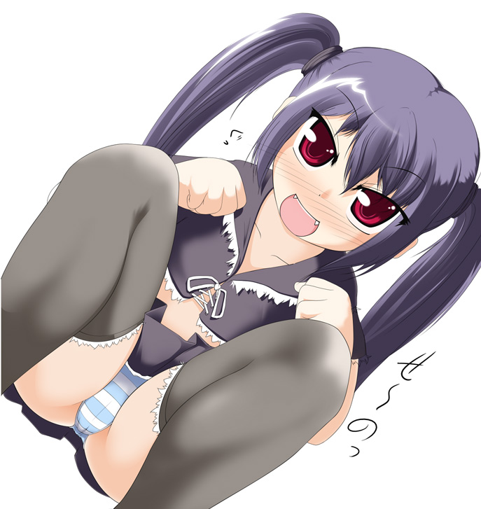 kotatsu (kotatsu3), kooh (pangya), pangya, 1girl, fangs, female focus, grin, long hair, panties, pantyshot, purple hair, red eyes, sitting, smile, solo, striped clothes, striped panties, thighhighs, twintails, underwear, upskirt