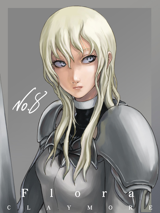 tea (nakenashi), flora (claymore), claymore (series), 00s, 1girl, blonde hair, bodysuit, breasts, claymore (sword), female focus, hair between eyes, long hair, looking to the side, shoulder pads, solo, sword, upper body, weapon