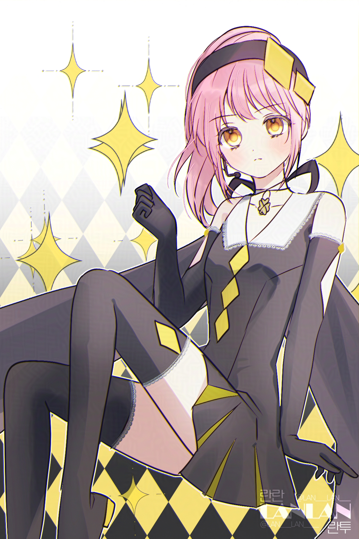 amulet dia, hinamori amu, shugo chara!, commentary request, highres, korean commentary, 1girl, black boots, black dress, black gloves, boots, closed mouth, dress, elbow gloves, gloves, headset, invisible chair, lan lan, magical girl, pink hair, ponytail, sidelocks, sitting, solo, sparkle, thigh boots, twitter username, yellow eyes