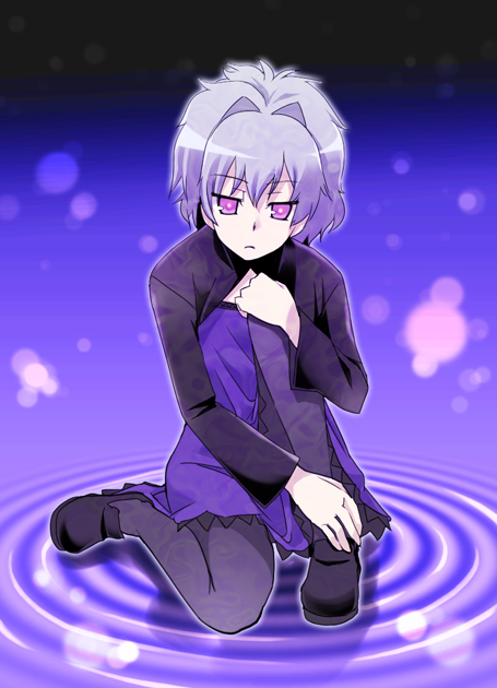 gengorou, yin (darker than black), darker than black, 00s, 1girl, black pantyhose, black shoes, dress, female focus, full body, glowing, glowing eyes, grey hair, hand on own knee, long sleeves, maroon eyes, pantyhose, ponytail, purple dress, purple skirt, ripples, shoes, skirt, solo, water