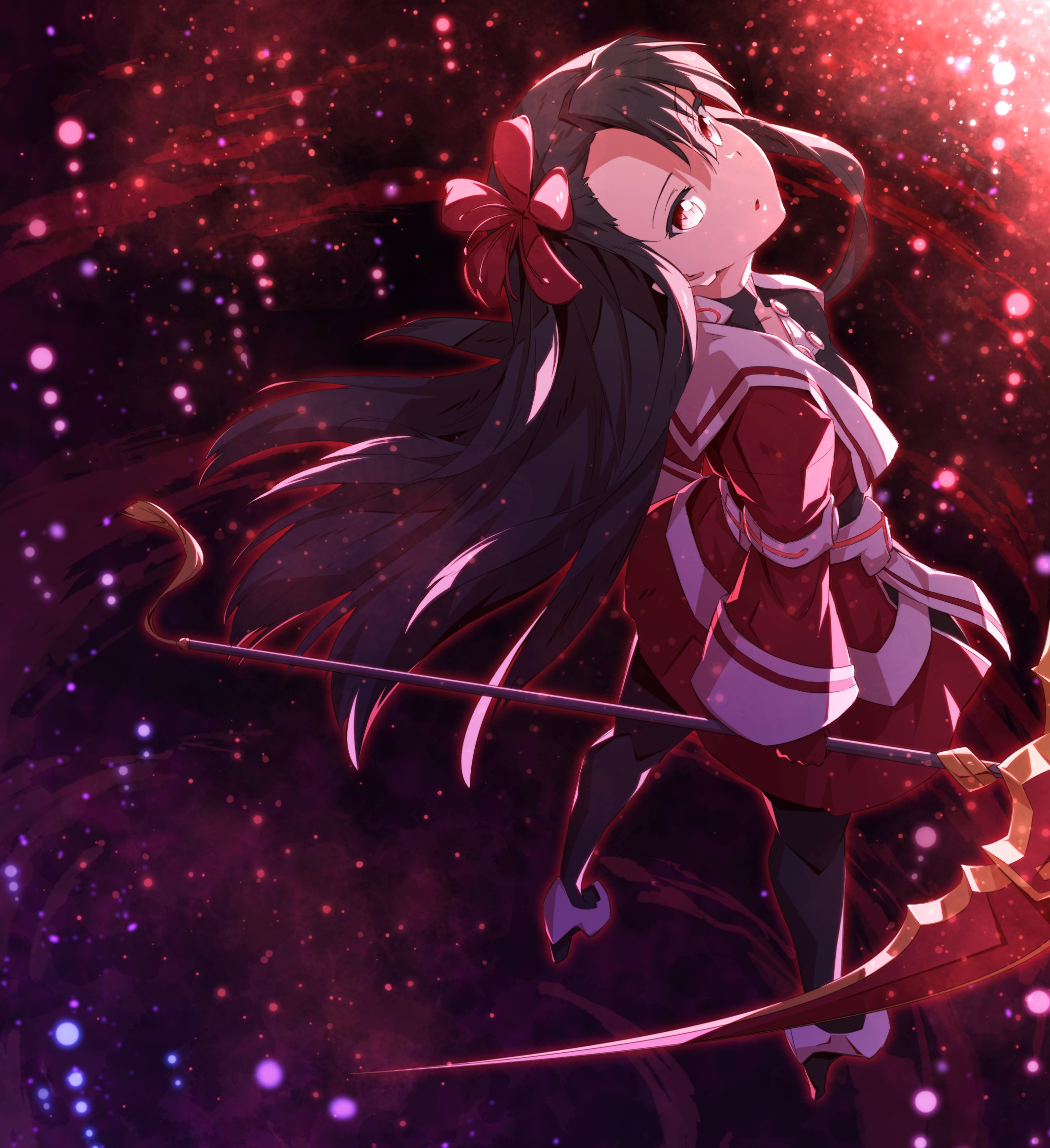 sakuria, koori chikage, nogi wakaba wa yuusha de aru, yuusha de aru, highres, 1girl, black hair, blush, dress, flower, high heels, holding, holding scythe, long hair, long sleeves, red dress, red flower, ribbon, scythe, solo