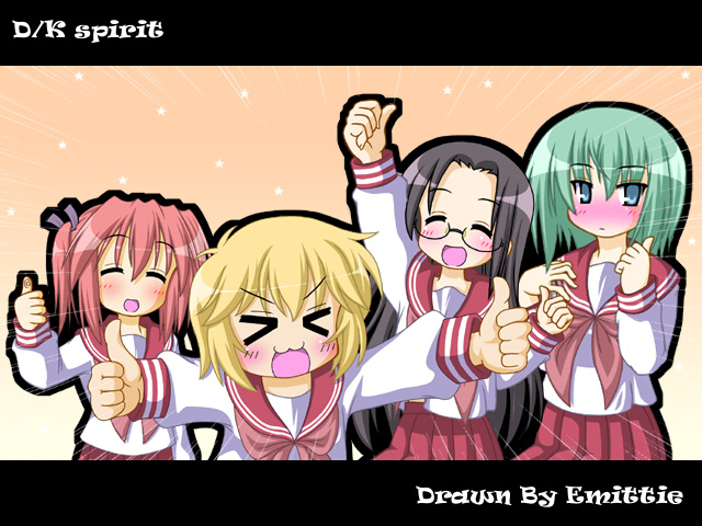 emitti, iwasaki minami, kobayakawa yutaka, patricia martin, tamura hiyori, lucky star, motteke! serafuku, tagme, > <, 00s, 4girls, multiple girls