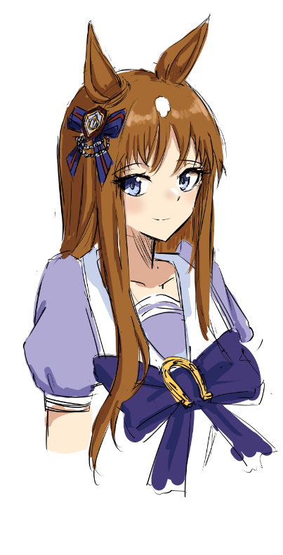 grass wonder (umamusume), umamusume, 1girl, animal ears, arciel (nijuyon zen), blue eyes, blush, bow, brown hair, closed mouth, ear bow, ear ornament, ear ribbon, horse ears, horse girl, long hair, looking at viewer, multicolored hair, puffy short sleeves, puffy sleeves, purple bow, purple serafuku, purple shirt, sailor collar, sailor shirt, school uniform, serafuku, shirt, short sleeves, simple background, smile, solo, tracen school uniform, upper body, white background, white hair, white sailor collar