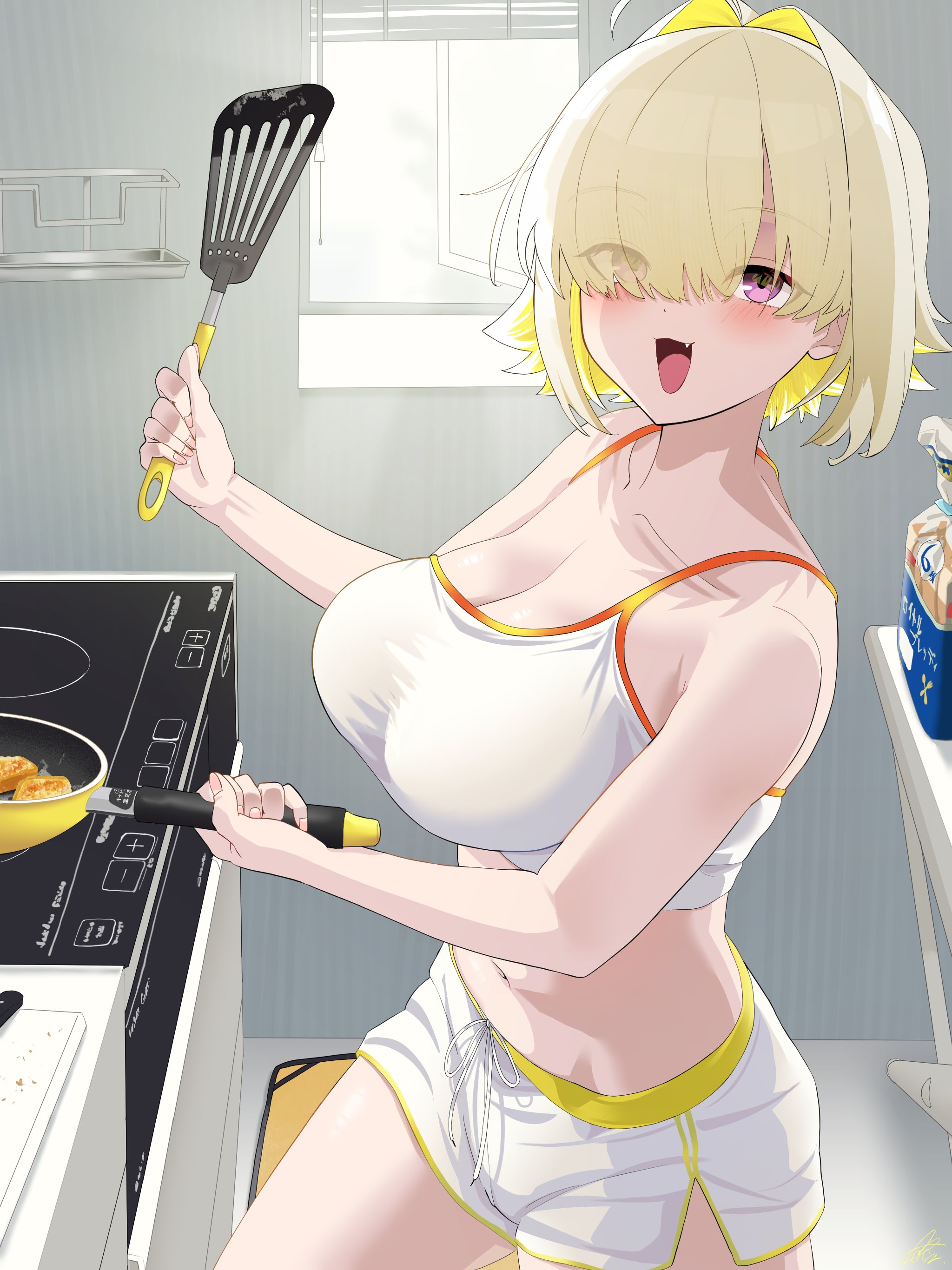 aobaryuu, elegg (nikke), goddess of victory: nikke, absurdres, commentary request, highres, 1girl, alternate costume, blonde hair, breasts, cleavage, dolphin shorts, fang, holding, holding spatula, indoors, kitchen, large breasts, looking at viewer, midriff, navel, open mouth, purple hair, short hair, shorts, solo, spatula, tank top, white shorts, white tank top
