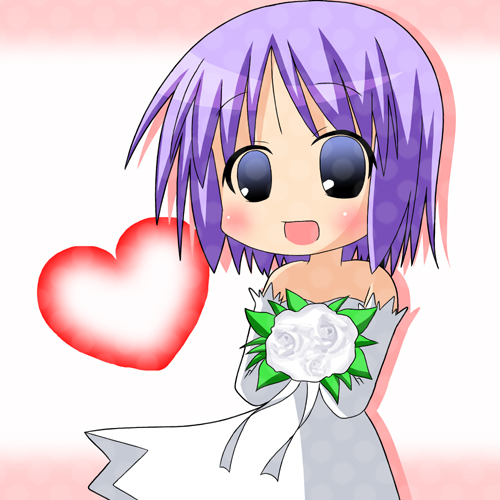 minami (colorful palette), hiiragi tsukasa, iosys, lucky star, oyome ni shinasai, lowres, 1girl, blue eyes, bride, detached sleeves, dress, female focus, flower, parody, purple hair, short hair, solo, wedding dress
