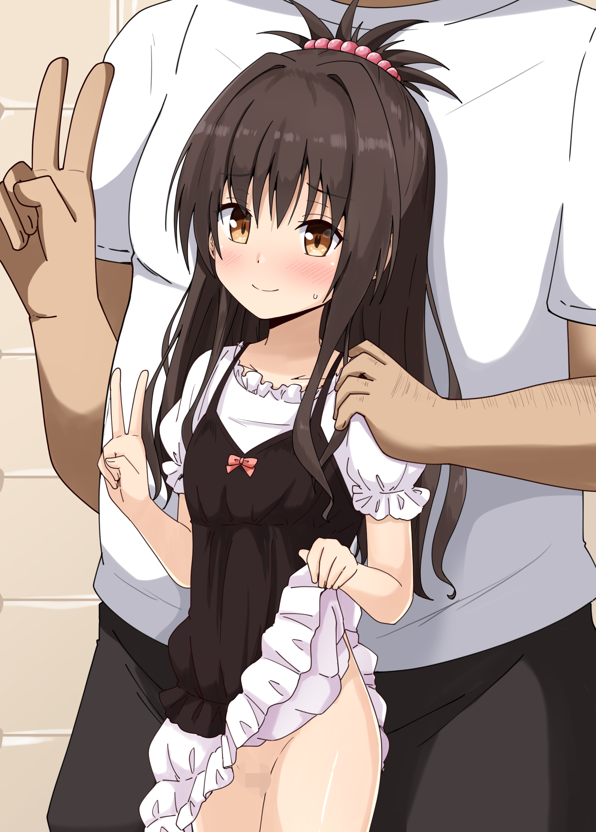 aikawa ryou, yuuki mikan, to love-ru, absurdres, commentary request, highres, variant set, 1boy, 1girl, black pants, black tank top, blush, bow, brown eyes, brown hair, censored, choppy bangs, closed mouth, clothes lift, dress, dress lift, frilled dress, frilled sleeves, frills, hair intakes, hand on another's shoulder, hand up, hands up, lifting own clothes, long hair, mosaic censoring, no panties, pants, pearl hair ornament, petite, pink bow, raised inner eyebrows, shirt, short sleeves, size difference, smile, split mouth, standing, straight hair, sweatdrop, t-shirt, tank top, v, white dress, white shirt