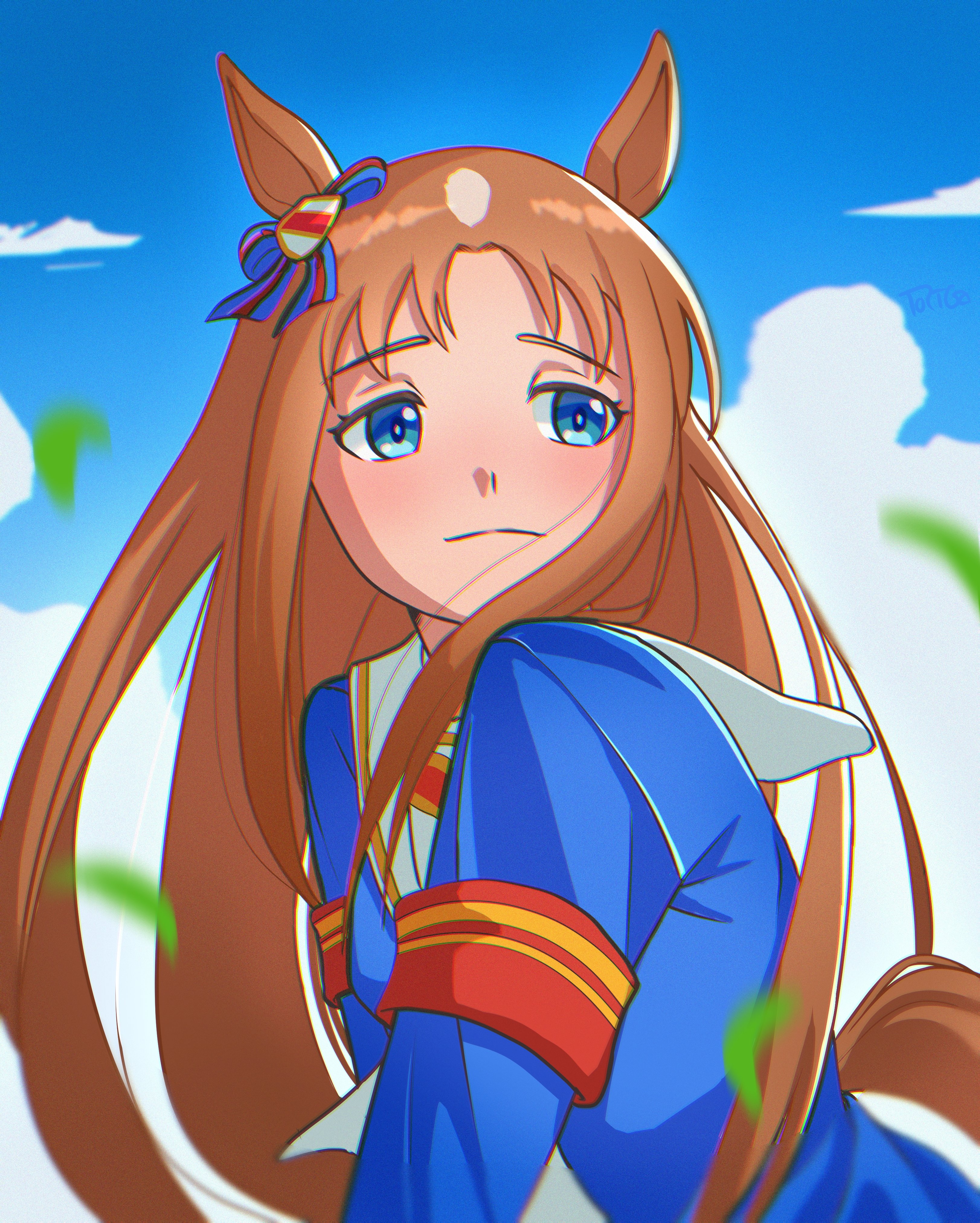 torigatrigger, grass wonder (umamusume), umamusume, absurdres, commentary, highres, 1girl, animal ears, armband, blue eyes, blue jacket, blue sky, blush, bow, brown hair, chromatic aberration, closed mouth, cloud, dress, ear bow, ear ornament, ear ribbon, horse ears, horse girl, jacket, leaf, long hair, long sleeves, multicolored hair, outdoors, red armband, sailor collar, sky, solo, upper body, white hair, white sailor collar