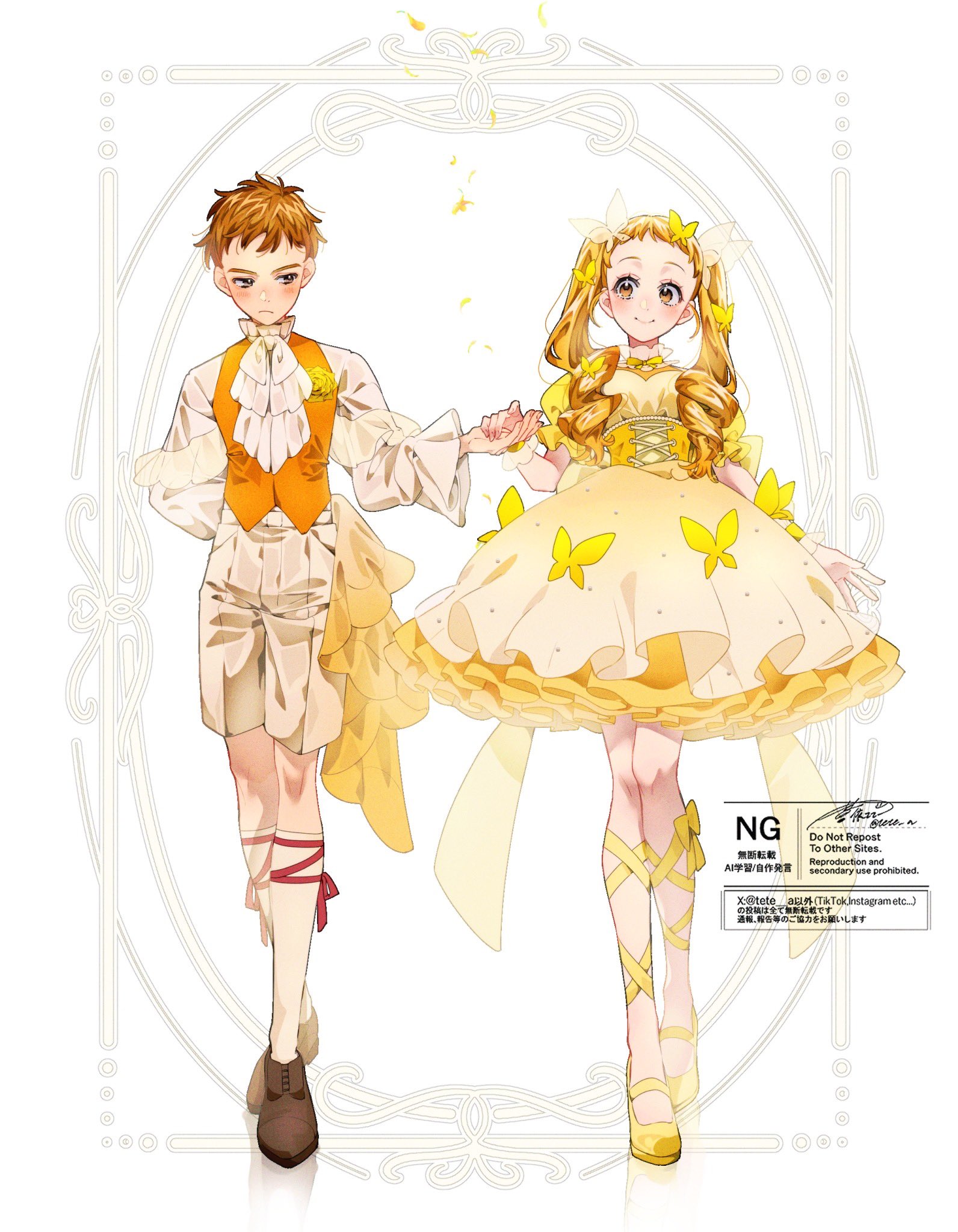 aoi tete, amai shirou, kasugano urara (yes! precure 5), syrup (yes! precure 5), precure, yes! precure 5, yes! precure 5 gogo!, highres, 1girl, amai shirou (lafary), blonde hair, blush, bow, brown eyes, brown hair, butterfly hair ornament, couple, curly hair, dress, dress bow, embarrassed, formal clothes, frilled sleeves, frilled wrist cuffs, frills, hair ornament, hetero, kasugano urara (yes! precure 5) (lafary), kneehighs, layered dress, loafers, long hair, looking at another, orange vest, puffy short sleeves, puffy sleeves, red ribbon, ribbon, shoes, short sleeves, shorts, socks, tsundere, twintails, vest, white socks, wrist cuffs, yellow dress, yellow eyes