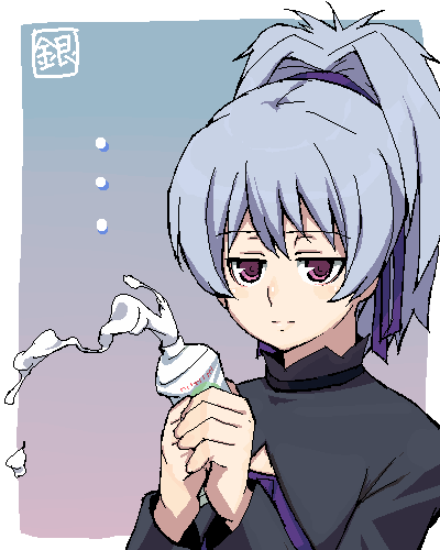 yin (darker than black), darker than black, lowres, …, 00s, 1girl, female focus, grey hair, hair ribbon, long sleeves, maroon eyes, ponytail, purple ribbon, ribbon, tube