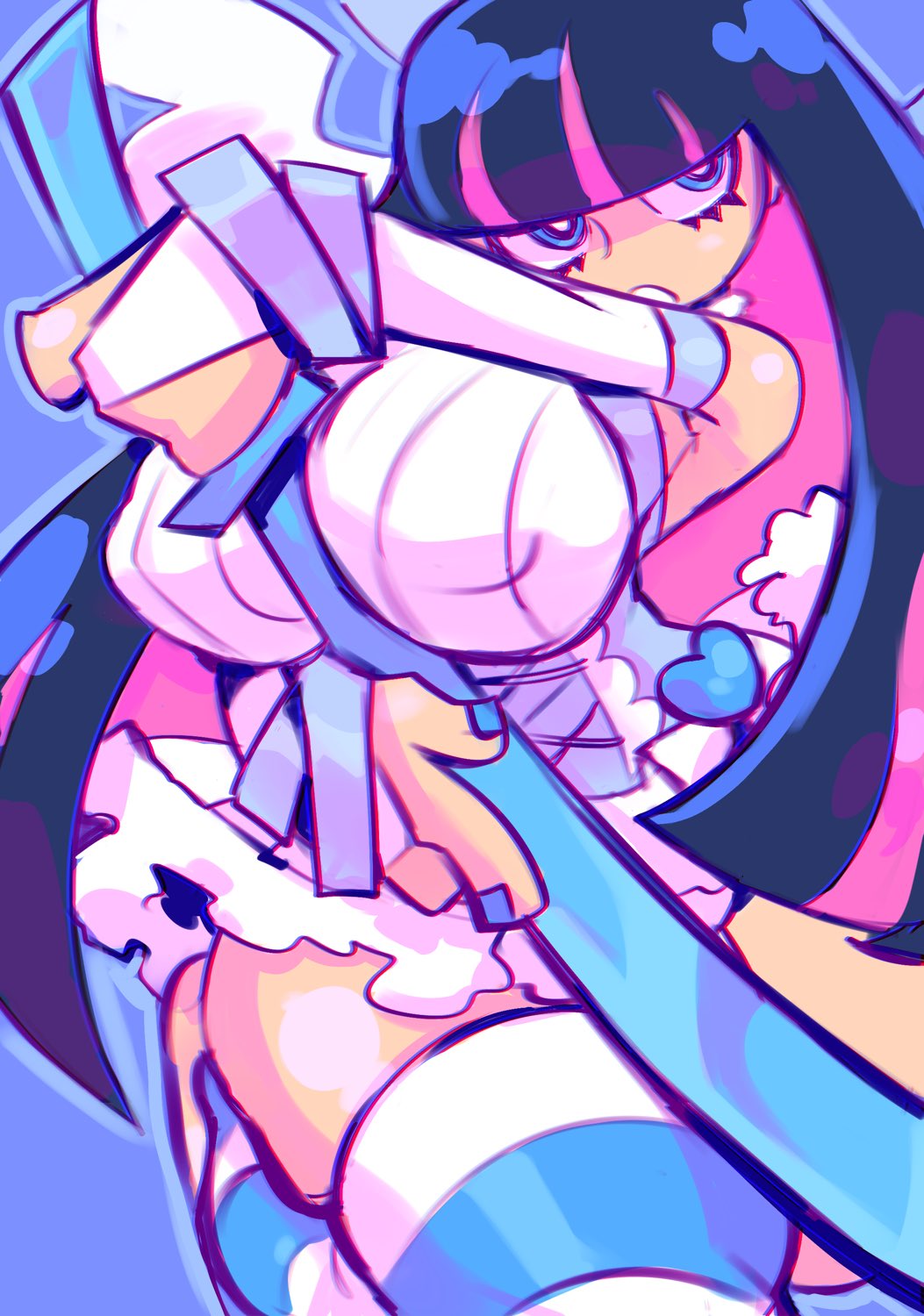 stocking (psg), panty & stocking with garterbelt, highres, 1girl, blue hair, blunt bangs, breasts, dress, garrrros, holding, holding sword, holding weapon, large breasts, multicolored hair, pink hair, purple background, single thighhigh, solo, striped clothes, striped hair, striped thighhighs, sword, thick thighs, thighhighs, thighs, two-tone hair, weapon, white dress, zettai ryouiki